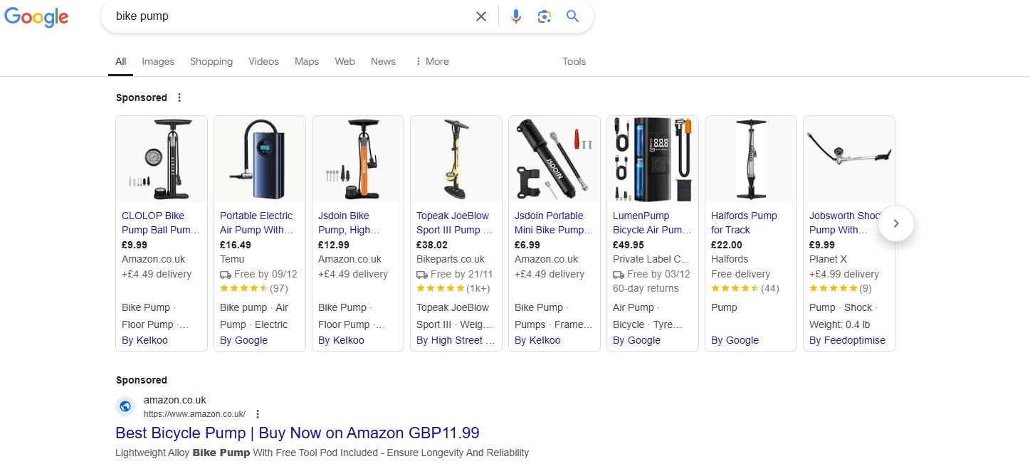 Google Shopping search results showing client products served at the top of the page via managed feed and CSS